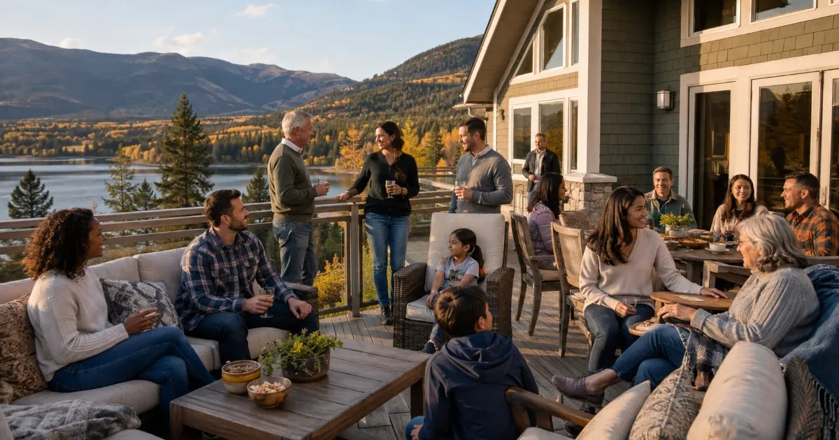 A group gathering on the deck of a lakeside vacation home